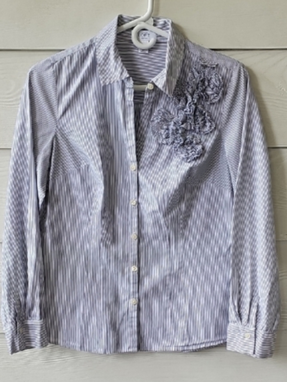 LOFT Petites Striped Button Down Blouse with Rosette Ruffle Accent 8P